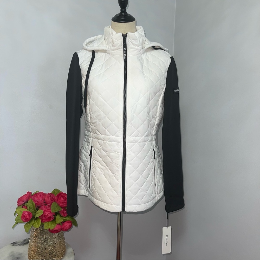 Calvin Klein Black & White Color Block Quilted Hooded Zip Up Jacket- Reemoly